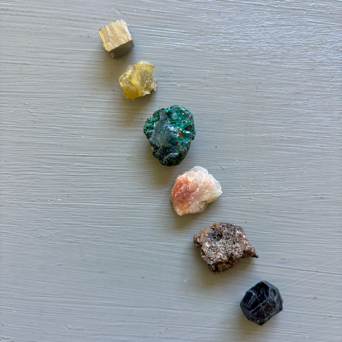 Raw Crystal Set: 6 Pyrite Malachite Garnet Tourmaline & More
