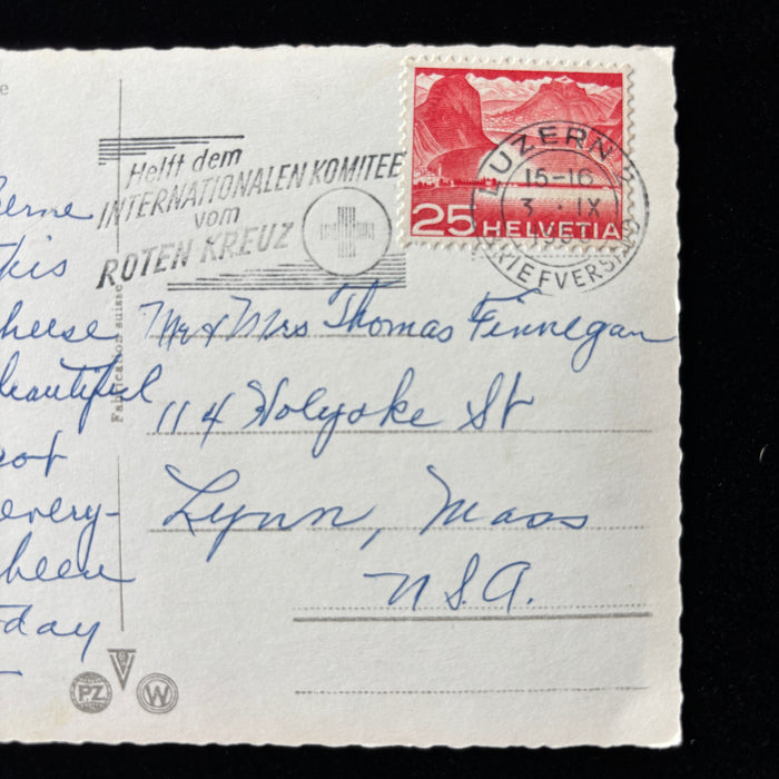 Vintage Postcard 1956 Cheese Country Alps Journey Red Cross Slogan Train Switzerland
