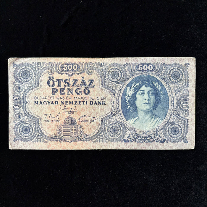 Vintage Banknote 1945 Hungary 500 Pengő WWII Hyperinflation Neoclassical Art Lady