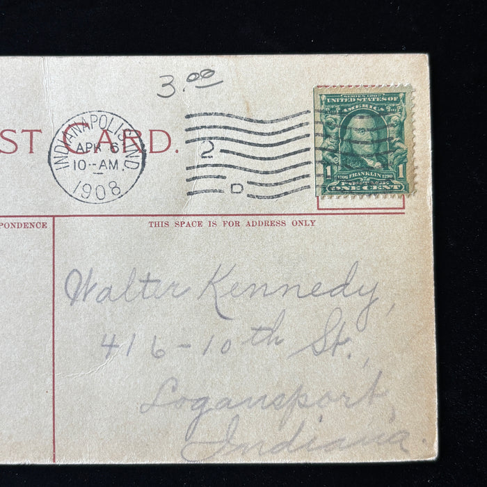 Antique Postcard 1908 Indianapolis University Park Colfax Statue Front Postmark