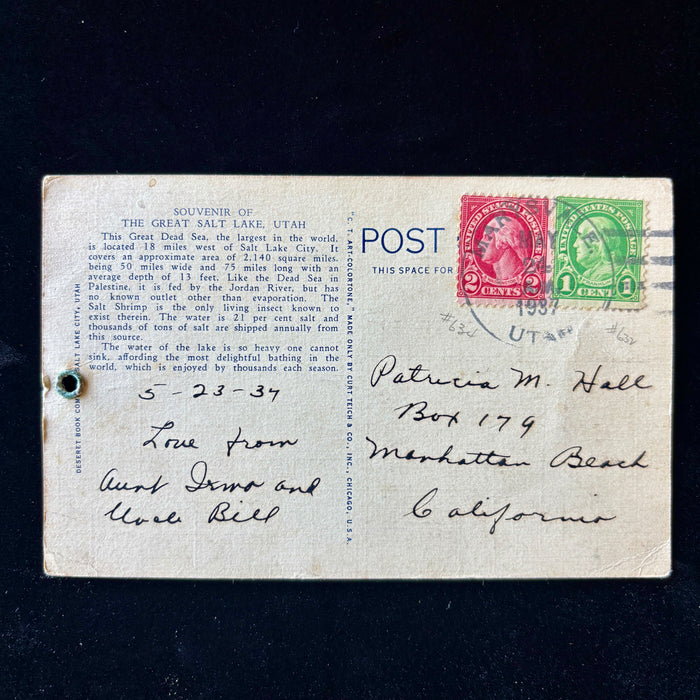 Vintage Postcard 1937 Great Salt Lake Utah Saltair Pavilion Float Sunset Trolley