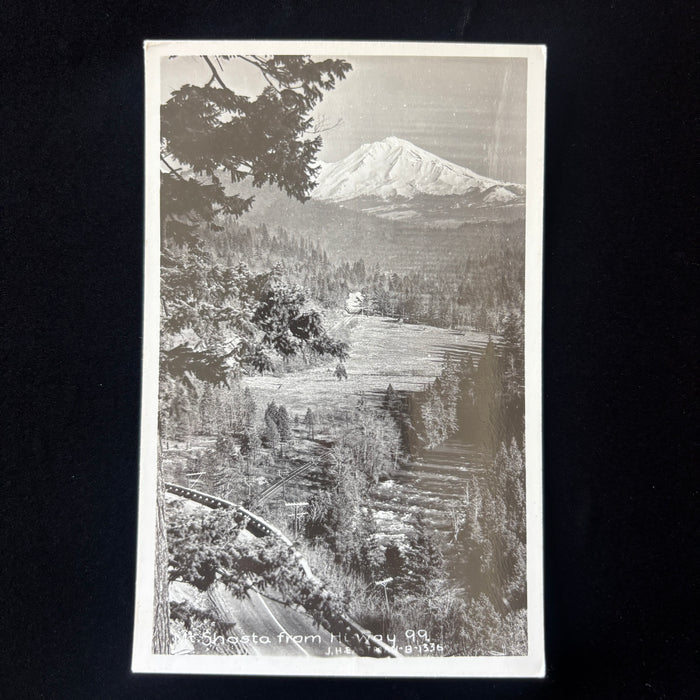 Vintage Postcard RPPC Snowy Mount Shasta California Highway 99 Sacramento River