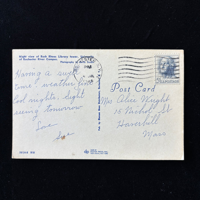 Vintage Postcard 1965 Night View University of Rochester Rush Rhees Library Greek Revival