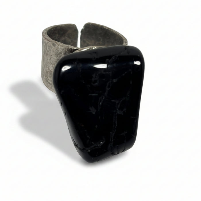 Black Tourmaline Ring Tumbled Stone Adjustable Chunky Statement