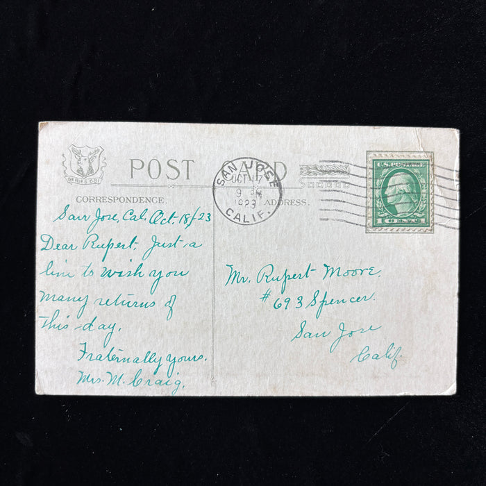 Antique Postcard 1923 Fraternally Yours Birthday Wish Poem San Jose California