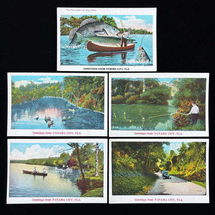 Vintage Postcard Lot Fishing Boy Boaters Canoe Classic Cars Panama City Florida