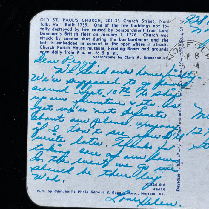Vintage Postcard 1951 Old St Pauls Church Norfolk VA Revolutionary War History