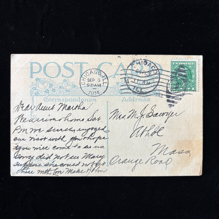 Antique Postcard 1914 Chicago Illinois Arts Craft Hospitality Visit Double Stamp