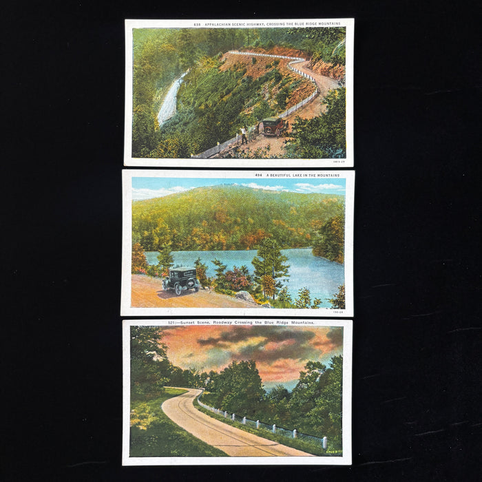 Vintage Postcard Lot 3 Waving Men Cars Highway Drive Appalachian Mountains Lake