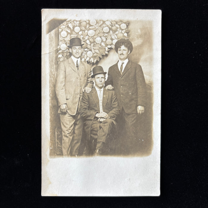 Antique Postcard RPPC Three Men Bowler Hats Studio Friendship Group Fruit Tree
