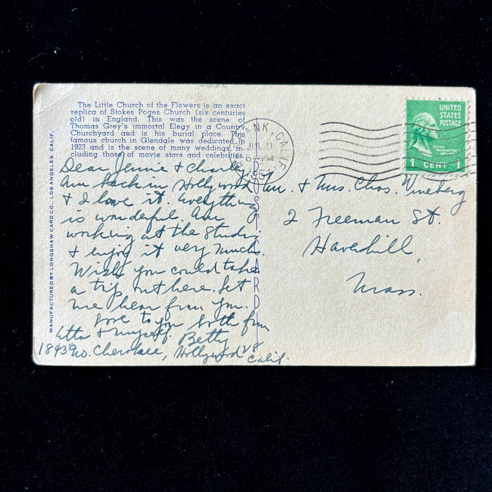 Vintage Postcard 1951 Hollywood Studio Memorabilia Church Flowers Glendale CA