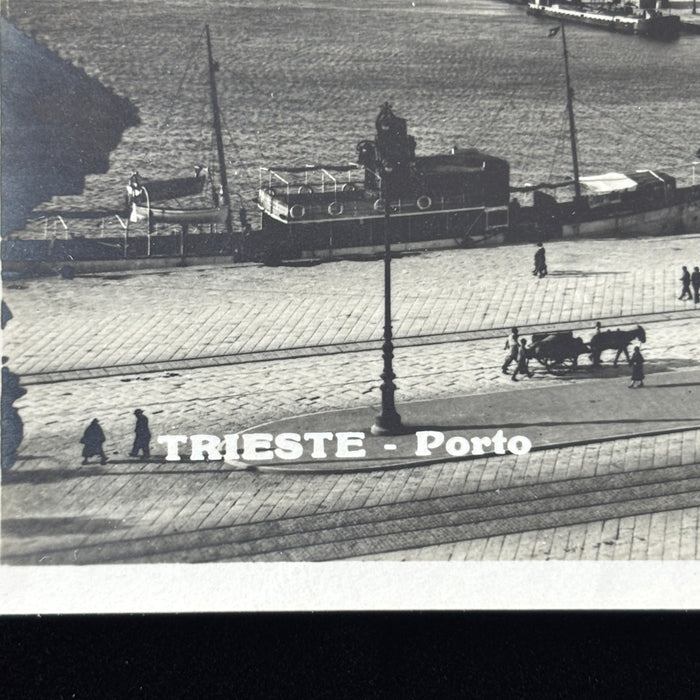 Vintage Postcard 1930s RPPC Trieste Porto Italy Ships Trolley Horse Carriages