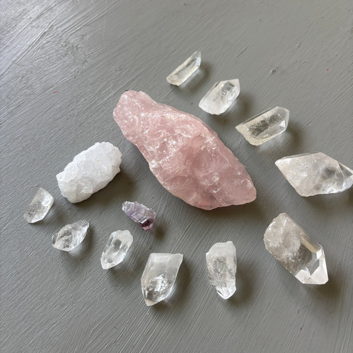 Heart Chakra Raw Crystal Love Set: 13 Quartz, Rose, Amethyst