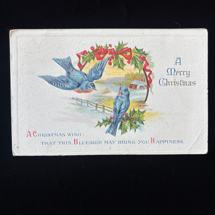 Antique Postcard 1918 Bluebirds Christmas Holly Wreath Embossed Post-WWI Holiday