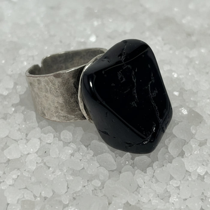 Black Tourmaline Ring Tumbled Stone Adjustable Chunky Statement