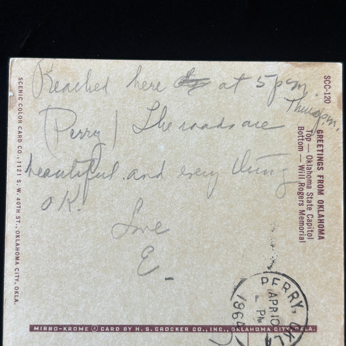 Vintage Postcard 1964 Greetings From Oklahoma Perry Will Rogers Memorial Posted