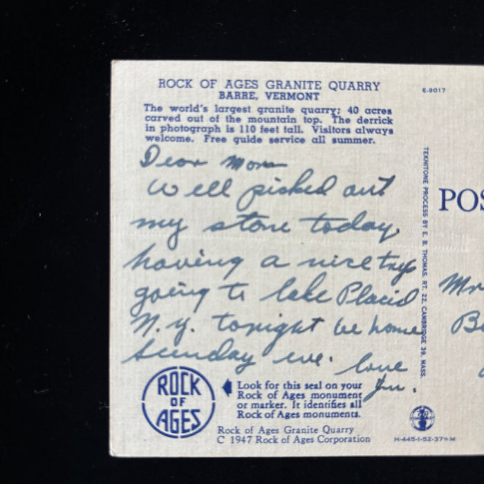 Vintage Postcard 1952 Headstone Travel Rock Of Ages Granite Quarry Barre Vermont