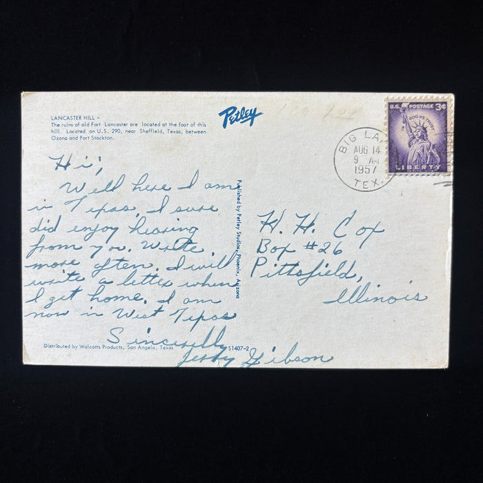 Vintage Postcard 1957 Rugged Texas Lancaster Hill Big Lake Rte 290 Road Trip