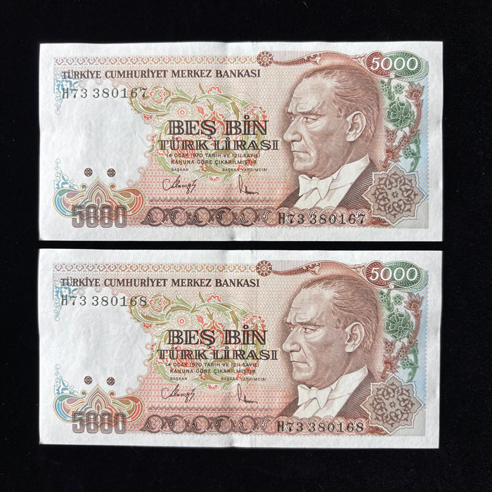Vintage Banknote 1985 Set Turkey Consecutive Pair 5000 Lirasi UV Verified UNC