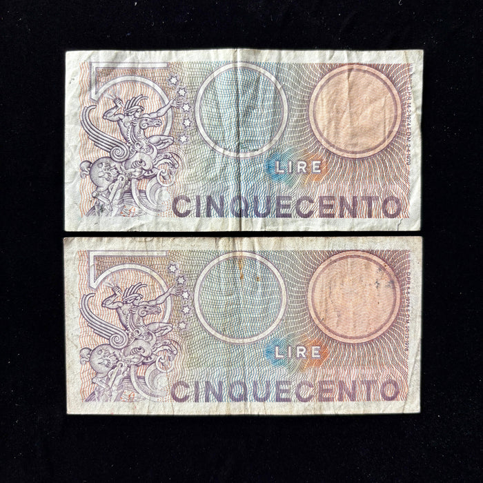 Vintage Banknote 1970s Set Italy 500 Lire Mercury Aretusa Lot 2 Italian History