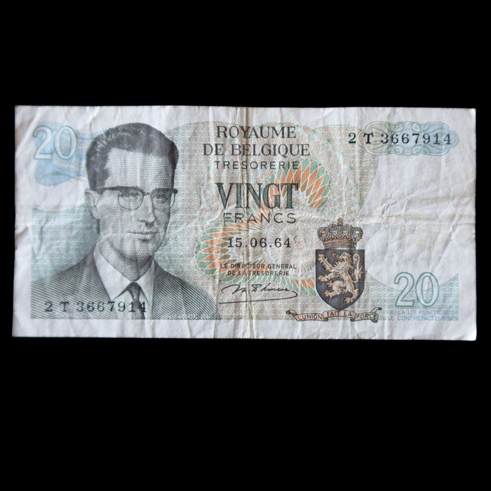 Vintage Banknote Belgium 20 Francs Collectible Currency 1964 Watermark Verified