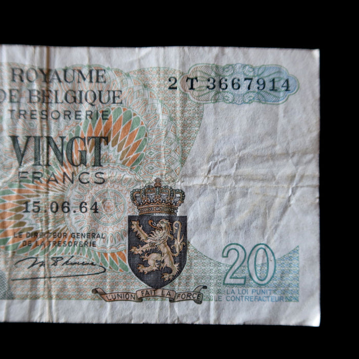 Vintage Banknote Belgium 20 Francs Collectible Currency 1964 Watermark Verified