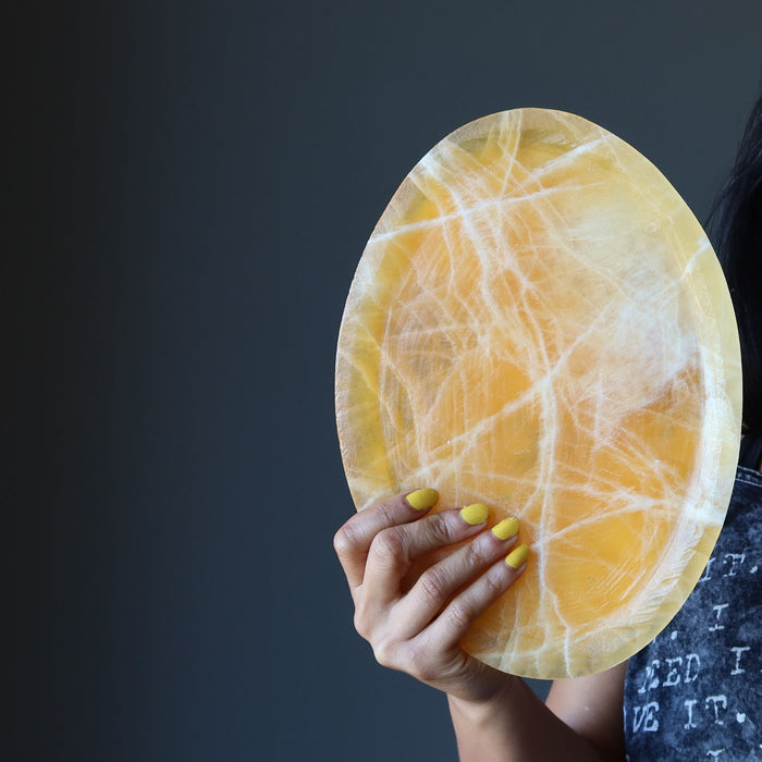 Honey Calcite Oval Plate Orange Platter Crystal Charger 10.5"