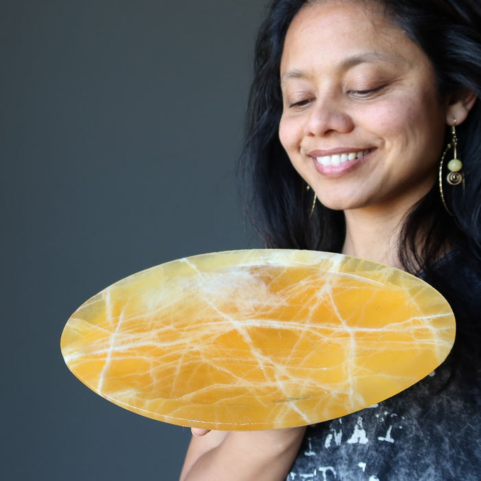Honey Calcite Oval Plate Orange Platter Crystal Charger 10.5"