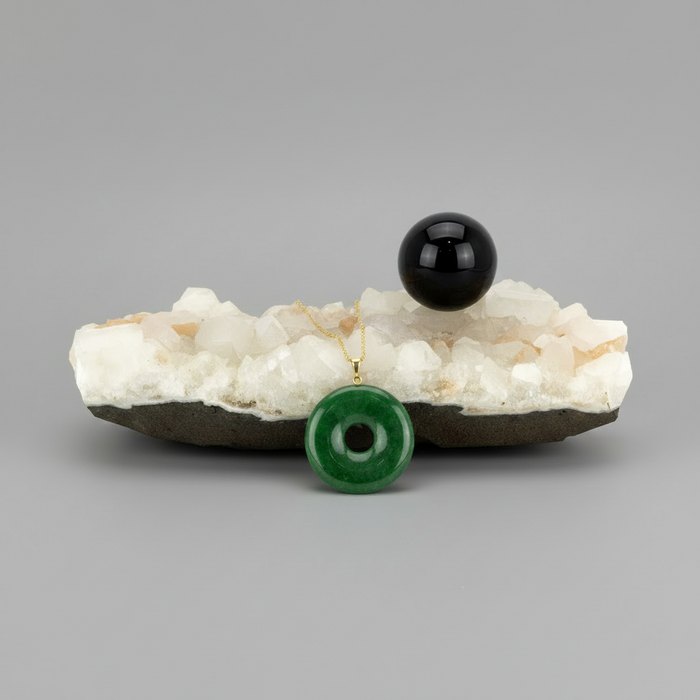 Decorative stones with black, green, and white elements on a gray background