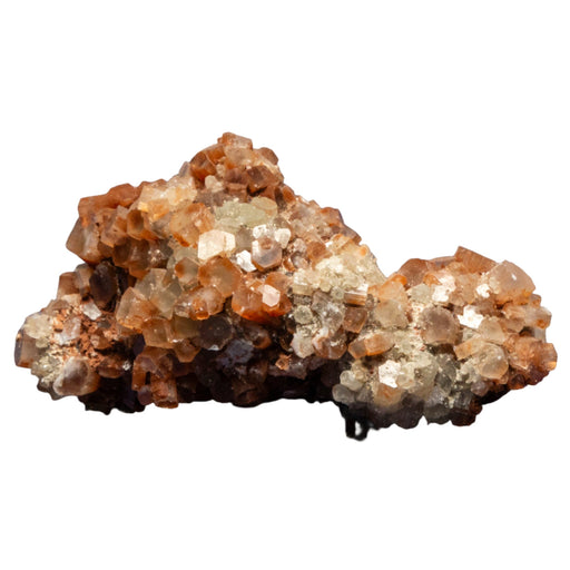 Mineral sample with brown and beige crystals on a white background
