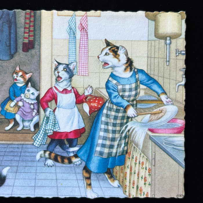 Vintage Postcard Alfred Mainzer Anthropomorphic Cat Kitchen Chaos Dish Washing