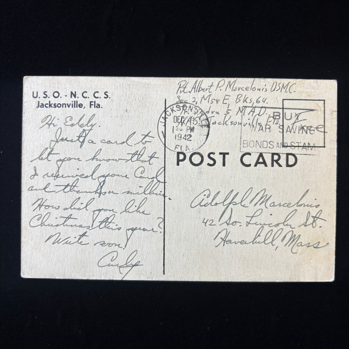 Vintage Postcard 1942 WWII Soldier Mail Marine USMC Jacksonville FL USO Catholic