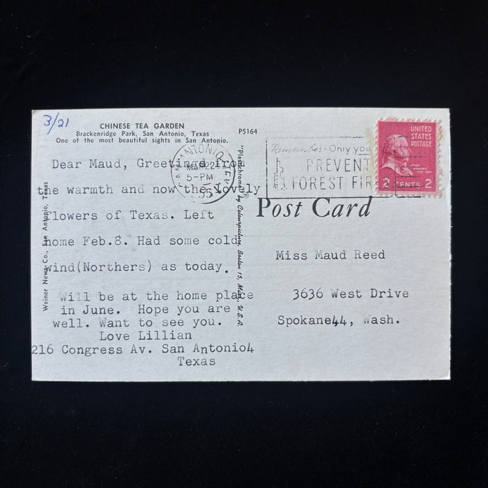 Vintage Postcard 1955 Forest Fire Slogan Cancel Chinese Tea Garden San Antonio