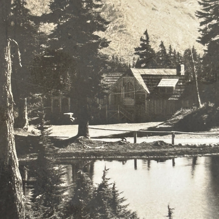 Vintage Postcard RPPC Canoe Shuksan Sunrise Lake Rustic Historic Mountain Lodge