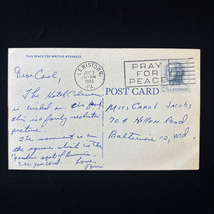 Vintage Postcard 1963 Circled Hotel Coleman Lewistown PA West Market Street