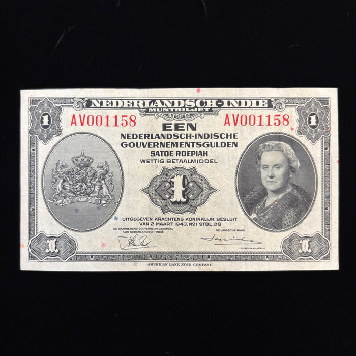 Vintage Banknote 1943 Netherlands Indies 1 Gulden WWII Emergency Queen Currency