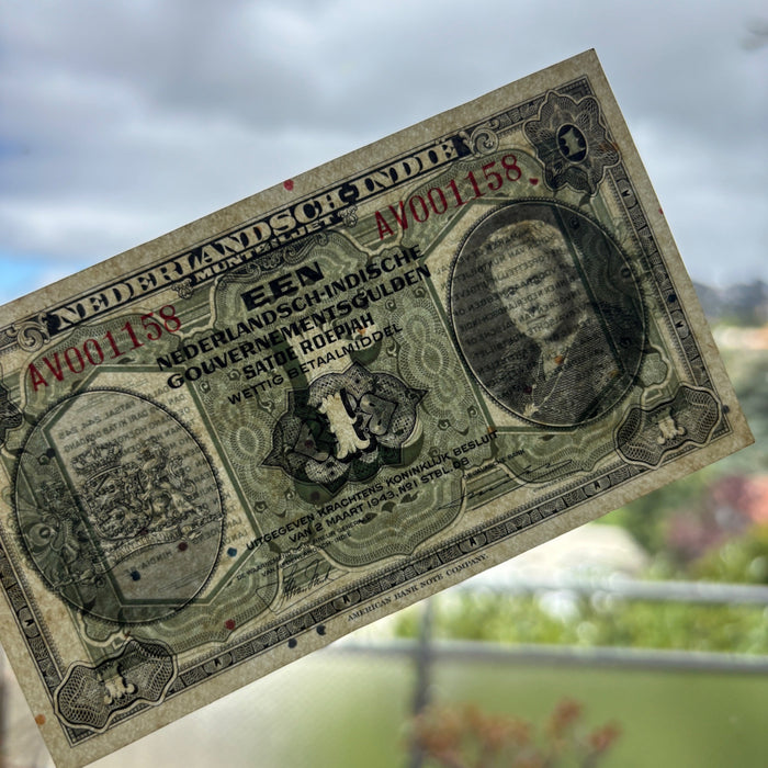 Vintage Banknote 1943 Netherlands Indies 1 Gulden WWII Emergency Queen Currency
