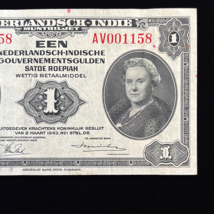 Vintage Banknote 1943 Netherlands Indies 1 Gulden WWII Emergency Queen Currency