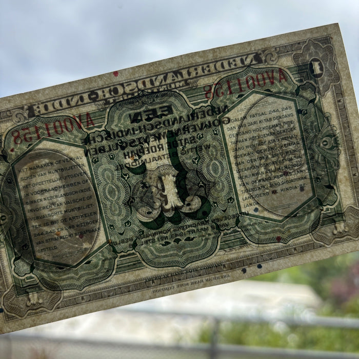 Vintage Banknote 1943 Netherlands Indies 1 Gulden WWII Emergency Queen Currency