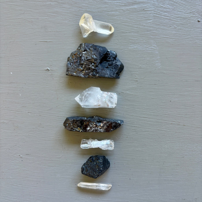 Raw Crystal Set: 7 Galena, Clear Quartz & Black Tourmaline