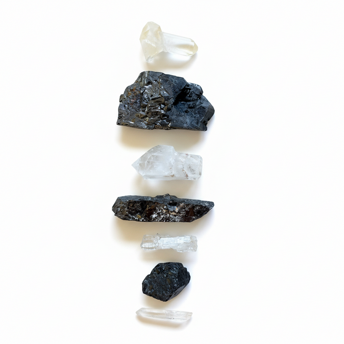 Raw Crystal Set: 7 Galena, Clear Quartz & Black Tourmaline