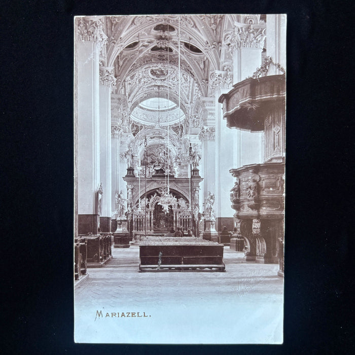 Antique Postcard RPPC Mariazell Basilica Austria Churchgoer Pews Embossed N Kuss