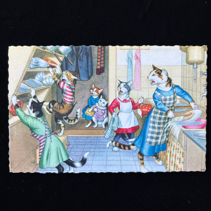 Vintage Postcard Alfred Mainzer Anthropomorphic Cat Kitchen Chaos Dish Washing