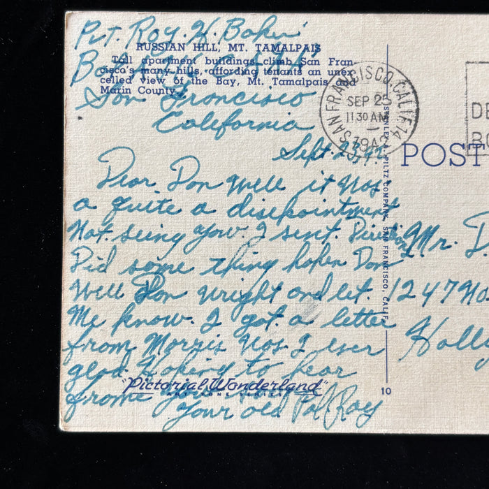 Vintage Postcard 1942 Soldier Mail Russian Hill San Francisco WWII Defense Bonds