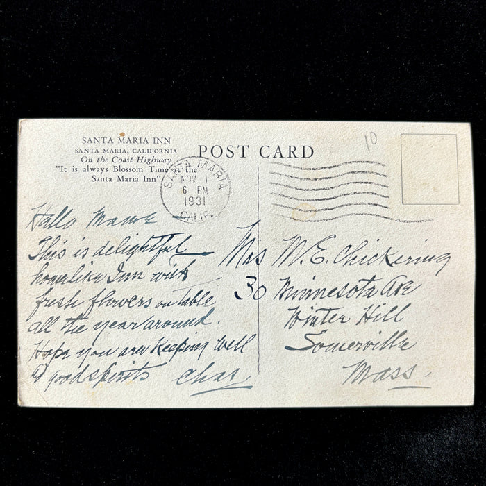 Vintage Poscard 1937 Fresh Flower Dining Santa Maria Inn California