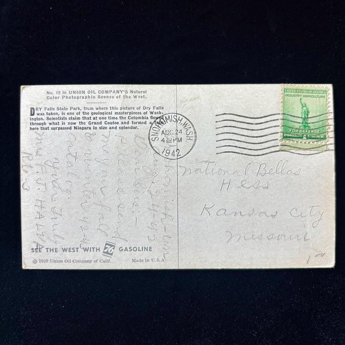 Vintage Postcard 1942 National Bellas Hess Union Oil 76 Mini Card Dry Falls WA