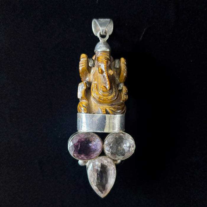 Tigers Eye Pendant Ganesha Amethyst Quartz Sterling Statement