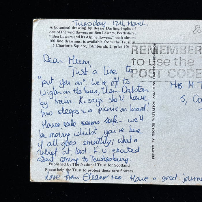 Vintage Postcard 1974 House Sale Purple Flowers National Trust Scotland Inglis