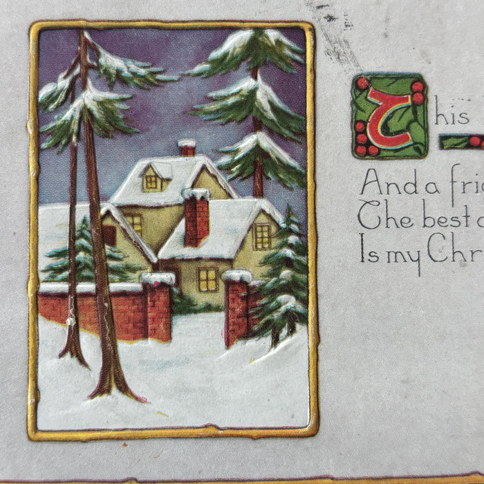 Antique Postcard 1919 Snowy Cottage Christmas Denmark Manitowoc Wisconsin Jensen
