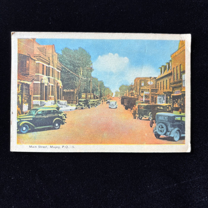 Vintage Postcard 1940s Automobiles Magog Quebec Main Street Canada Petroliana